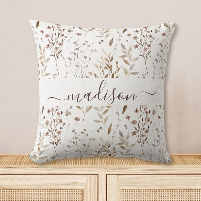 Monogram Boho Brown Pretty Flowers Leaves Pattern Cushion (In situ)