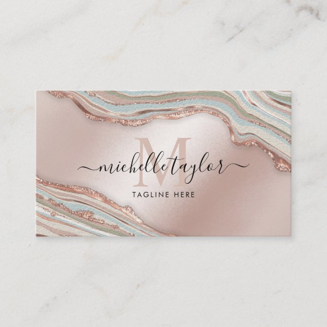 Monogram Boho  Earth Tones Agate Rose Gold Business Card (Front)