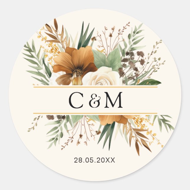 Monogram, boho ,elegant flower boquet classic round sticker (Front)