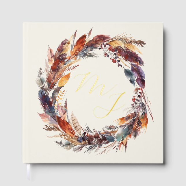 Monogram Boho Feathers Wreath Wedding Gold Foil Guest Book (Front)