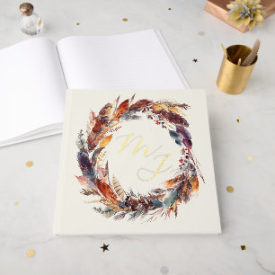 Monogram Boho Feathers Wreath Wedding Gold Foil Guest Book