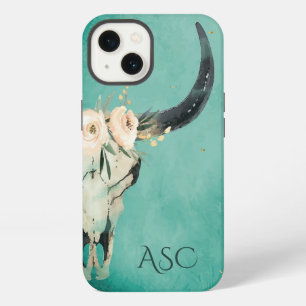 Monogram Boho Floral Skull on Turquoise Background iPhone 13 Case