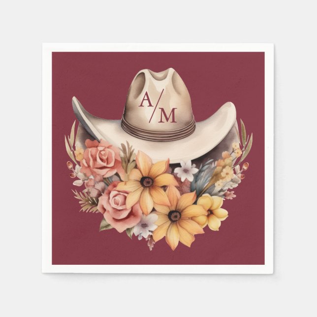Monogram Boho Floral Western Wedding Napkin (Front)