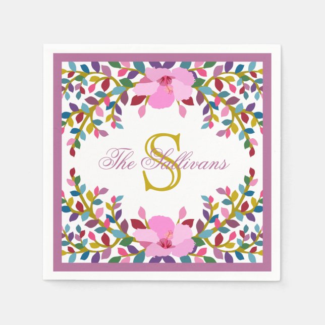 Monogram Boho Foliage Cocktail Paper Napkins (Front)