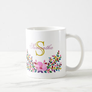 Monogram Boho Foliage Hibiscus Mug