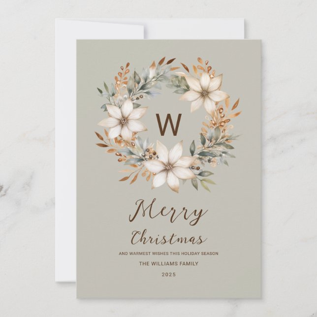 Monogram Boho Natural Winter Wreath Christmas Holiday Card (Front)