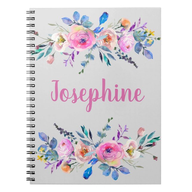 Monogram boho pink and blue floral  notebook (Front)