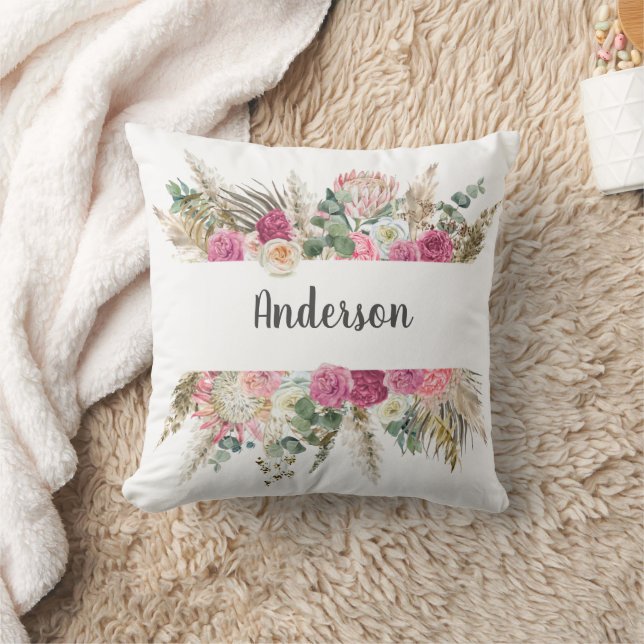  Monogram Boho Pink Floral Pampas Grass Botanical Cushion (Blanket)