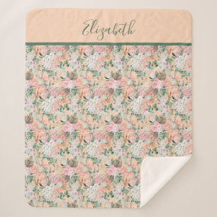 Monogram Boho Pink Peach White Floral Trendy Sherpa Blanket