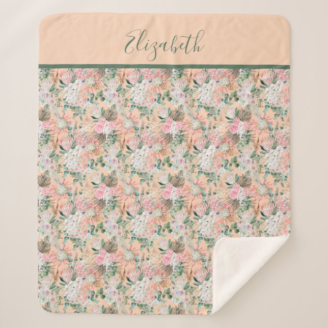 Monogram Boho Pink Peach White Floral Trendy Sherpa Blanket (Front)
