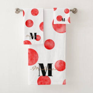 Monogram Boho polka dots l Red and white l Initial Bath Towel Set