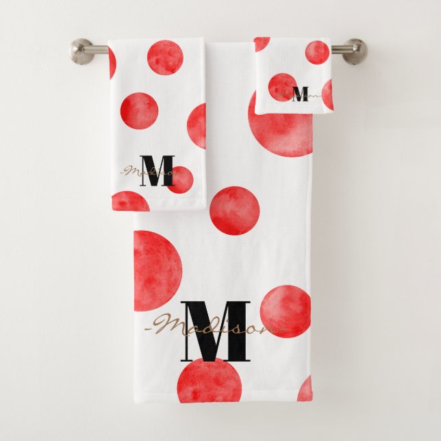 Monogram Boho polka dots l Red and white l Initial Bath Towel Set (Insitu)