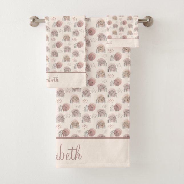 Monogram Boho Rainbow Abstract Beige Cream Pink Bath Towel Set (Insitu)