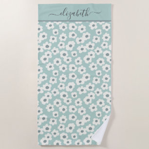 Monogram Boho Sage Green White Grey Floral  Beach Towel