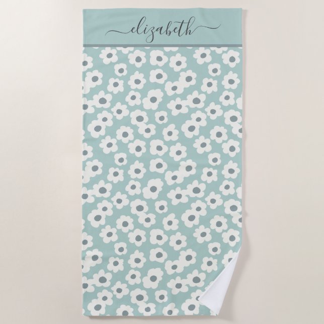 Monogram Boho Sage Green White Grey Floral  Beach Towel (Front)