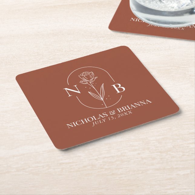 Monogram Boho Terracotta Burnt Orange Wedding Square Paper Coaster (Angled)