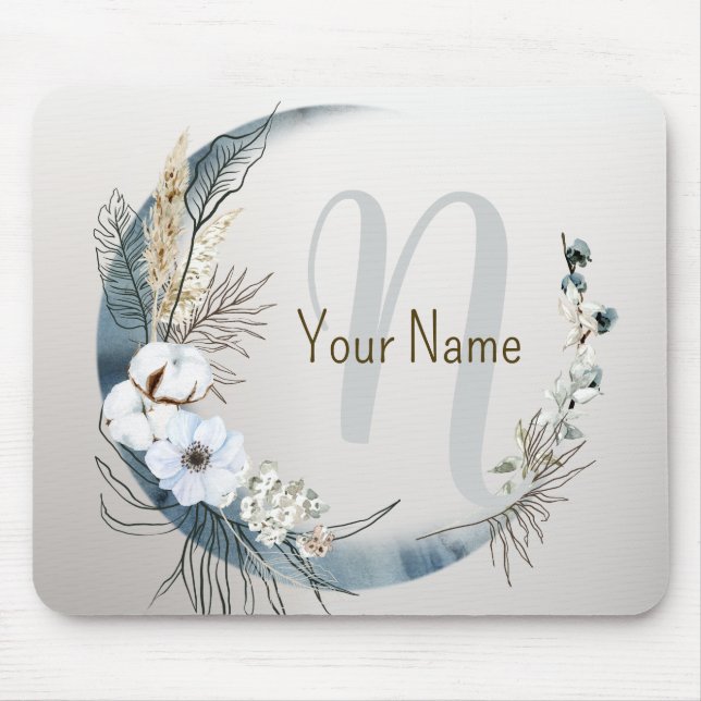 Monogram Boho White Orchid Flowers Blue Moon Mouse Mat (Front)
