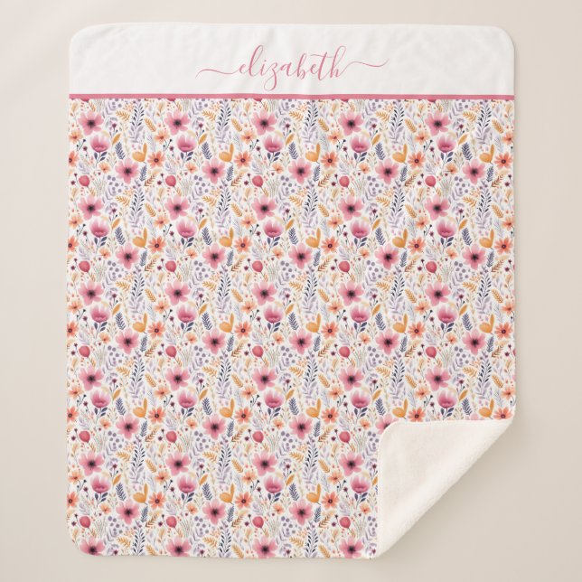 Monogram Boho Wildflower Pink Orange Purple Floral Sherpa Blanket (Front)