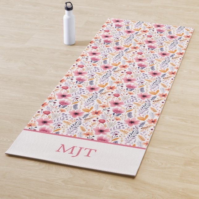 Monogram Boho Wildflowers Pink Purple Orange Beige Yoga Mat (In Situ)