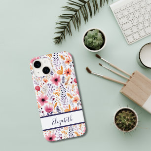 Monogram Boho Wildflowers Pink Purple Orange Coral iPhone 14 Case