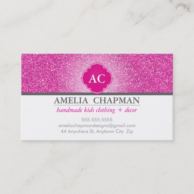 MONOGRAM bold sparkly glitter hot fuschia pink Business Card (Front)