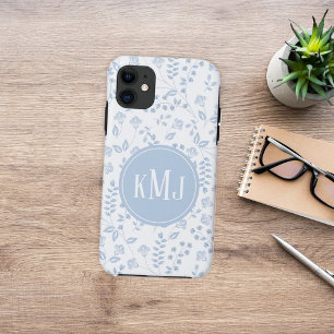 Monogram Botanical Blue Simple Floral Pattern  iPhone 11 Case