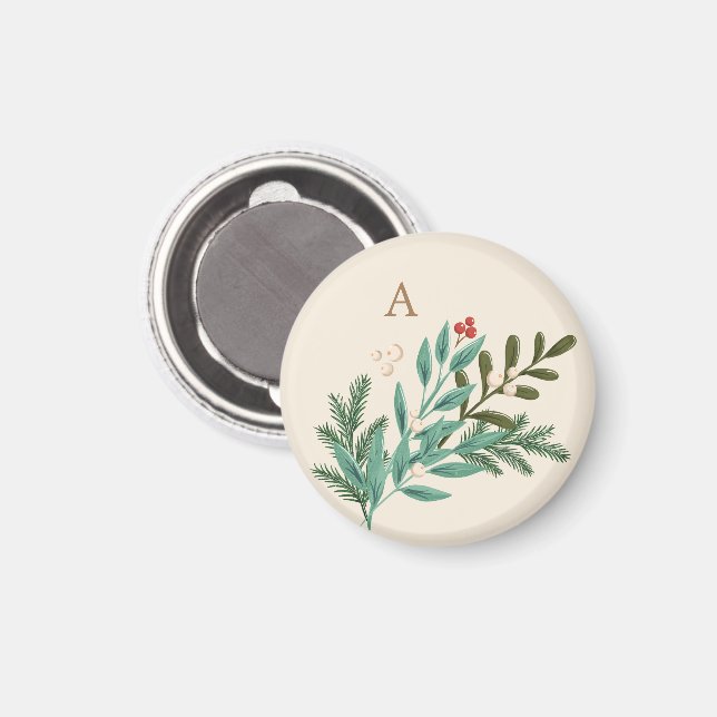 Monogram Botanical Cream Classic Christmas Holiday Magnet (Front/Back)