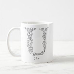 Monogram Botanical Floral Black White Letter U Coffee Mug
