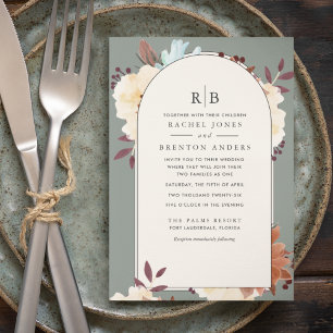 Monogram Botanical Floral Blended Family Wedding  Invitation