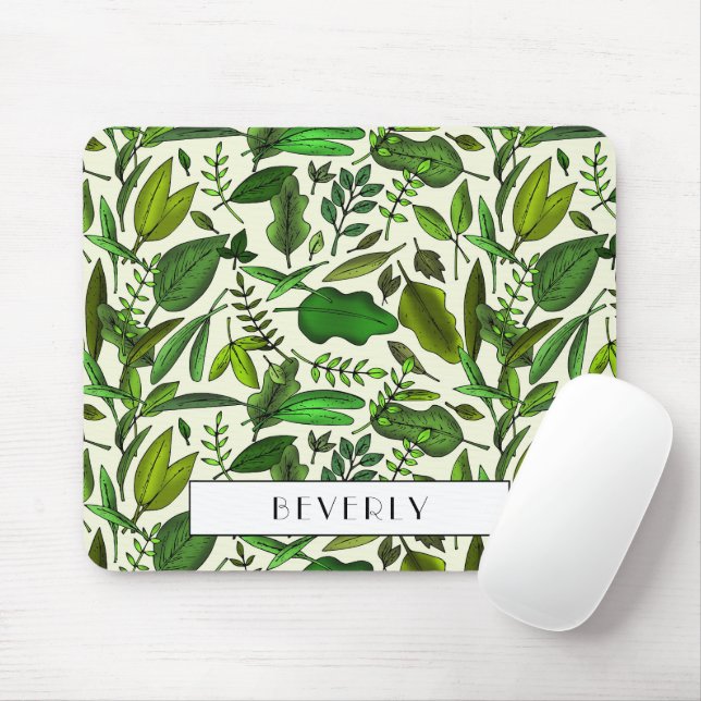 Monogram Botanical Green Leaves Pattern Mouse Mat (With Mouse)