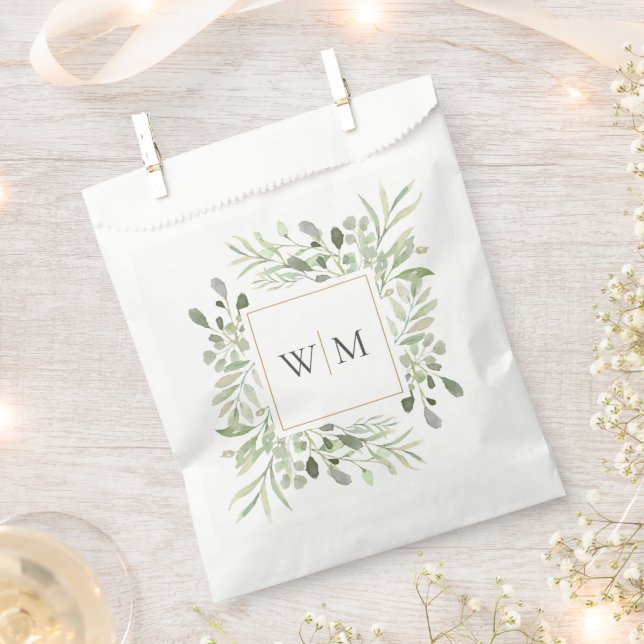 Monogram Botanical Greenery Foliage Wedding Favour Bags (Clipped)