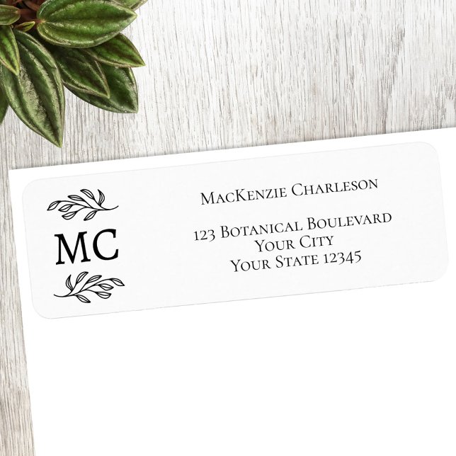 Monogram Botanical Leaf Line Art Return Address (Monogram initial classical botanical personalized return address postage labels)