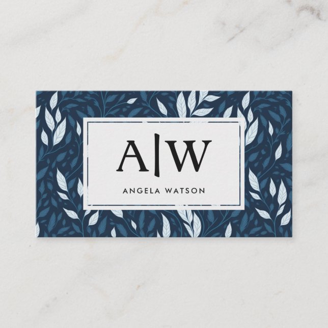 Monogram | Botanical Pattern | Dark Blue Business Card (Front)