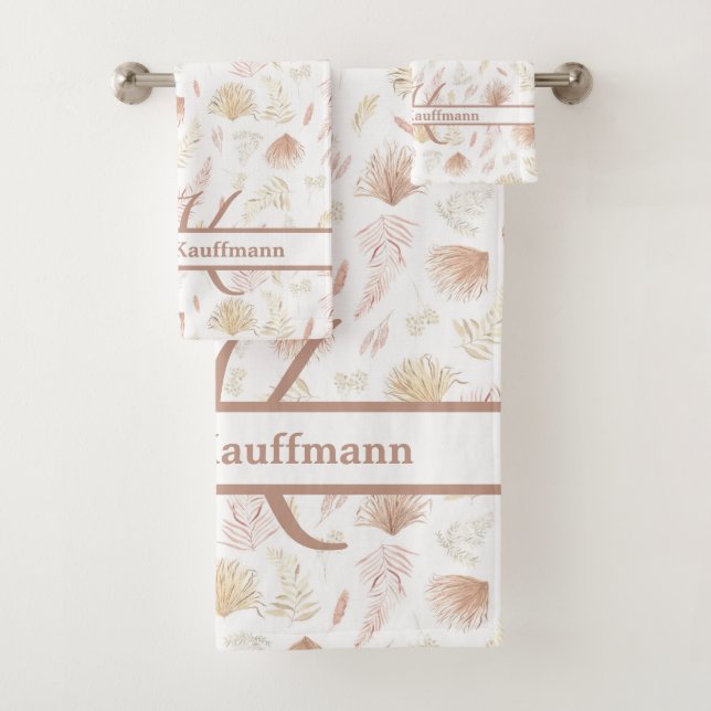 Monogram Botanical Rose Gold Neutral Terracotta  Bath Towel Set (Insitu)