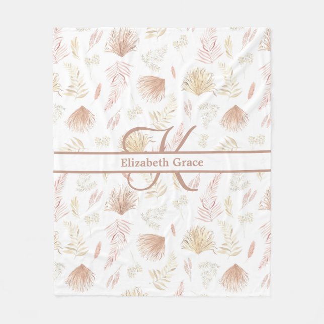 Monogram Botanical Rose Gold Neutral Terracotta  Fleece Blanket (Front)