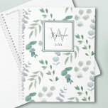 Monogram Botanical Watercolor  Planner<br><div class="desc">This pretty planner features a pattern of watercolor green leaves on a white background,  overlaid with a rectangle with your monogram,  name and year.
All the text is customisable.
The reverse of the planner also features the leaves pattern on a white background.
Original Watercolor © Michele Davies.</div>