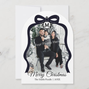 Monogram Bow Photo Christmas Flat Card - Black