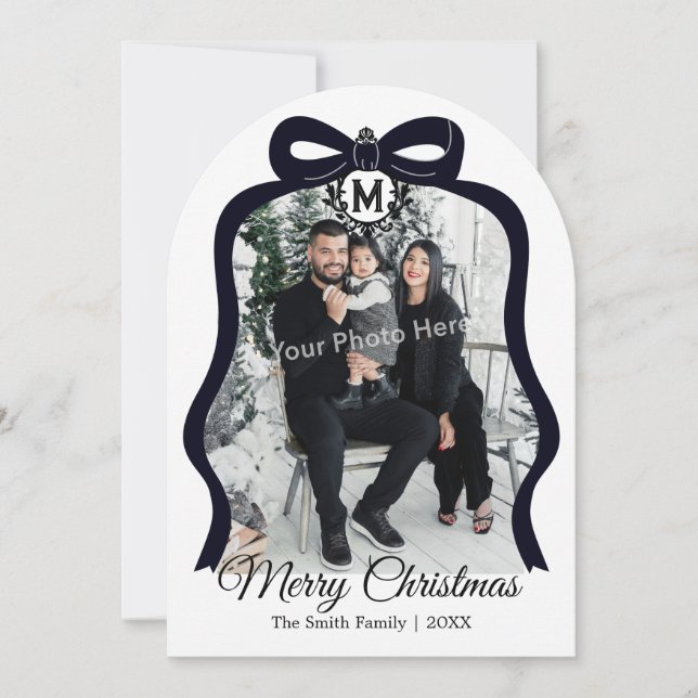 Monogram Bow Photo Christmas Flat Card - Black (Front)