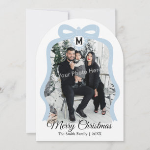 Monogram Bow Photo Christmas Flat Card - Blue