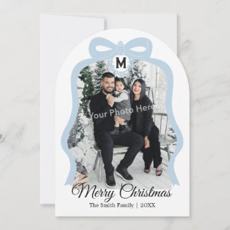 Monogram Bow Photo Christmas Flat Card - Blue