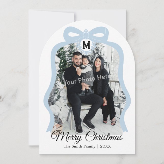 Monogram Bow Photo Christmas Flat Card - Blue (Front)