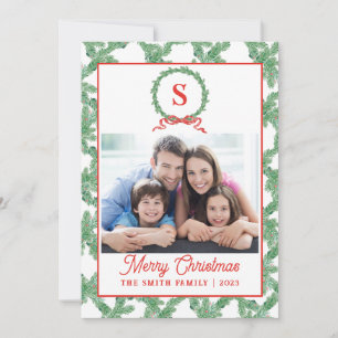 Monogram Bow Wreath Christmas Card