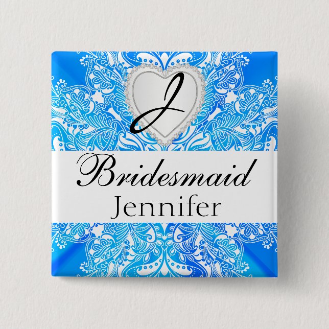 Monogram Bridal Party Blue Satin Design 15 Cm Square Badge (Front)