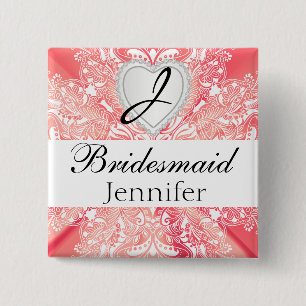 Monogram Bridal Party Coral Satin Design 15 Cm Square Badge
