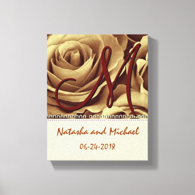Monogram Bride and Groom with Gold Roses Canvas Print (Front)