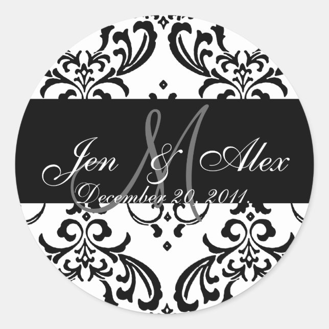 Monogram Bride Groom Damask Wedding Stickers (Front)
