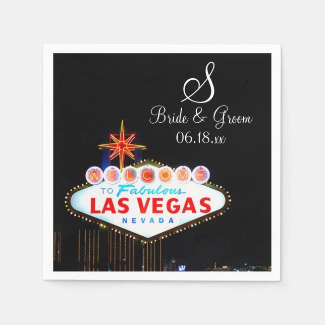 Monogram Bride Groom Wedding Las Vegas Sign Night  Napkin (Front)