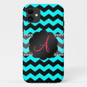 Monogram bright aqua and black chevrons iPhone 11 case