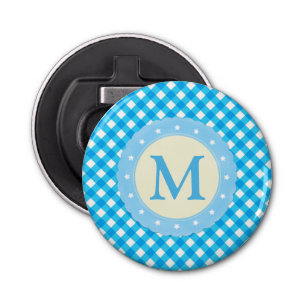 Monogram Bright Blue Gingham Pattern Bottle Opener