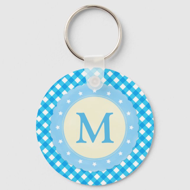 Monogram Bright Blue Gingham Pattern Key Ring (Front)